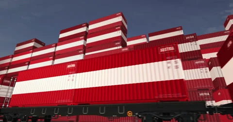 Austria export containers on cargo train wagons loop Stock Footage 331019223