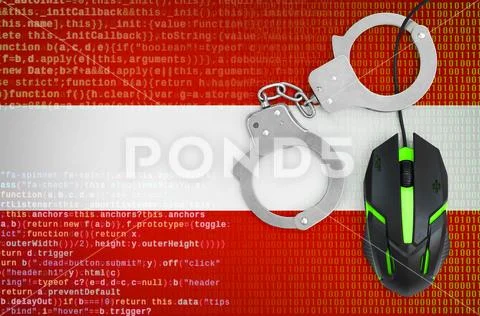 Austria flag and handcuffed computer mouse. Combating computer crime, hacker Stock Photos