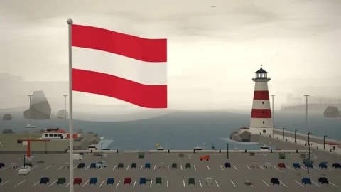 Austria Flag Flying Over Coastal Harbor Lighthouse Waterfront seamless loop Stock Footage 345376770