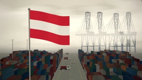 Austria Flag Flying Over A Container Port Terminal In Morning Haze Stock Footage 344408433