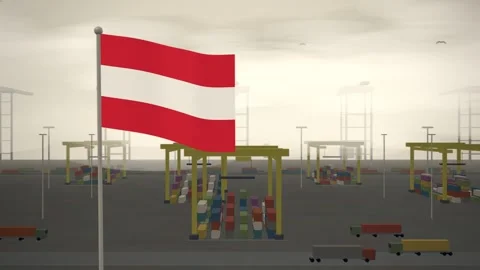 Austria Flag Flying Over Container Terminal Stacking Yard seamless loop Stock-Footage 344849069