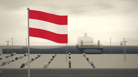 Austria Flag Flying Over Ferry Terminal Linkspan Berth seamless loop 스톡 동영상 345804549