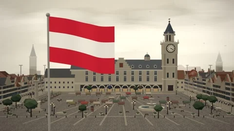 Austria Flag Flying Over Historic Old Town Square seamless loop Stock Footage 345311209