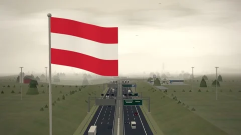 Austria Flag Flying Over Interstate Highway Rural Traffic seamless loop Vídeo Stock 344849118