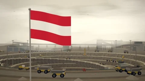 Austria Flag Flying Over Open Pit Mine Terraces seamless loop Stock Footage 345343716