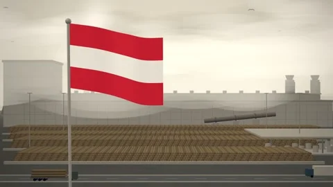 Austria Flag Flying Over Paper Mill Log Yard seamless loop Stock Footage 345379319