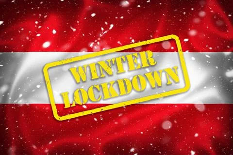 Austria flag illustration with winter lockdown text and snow background Stock Photos
