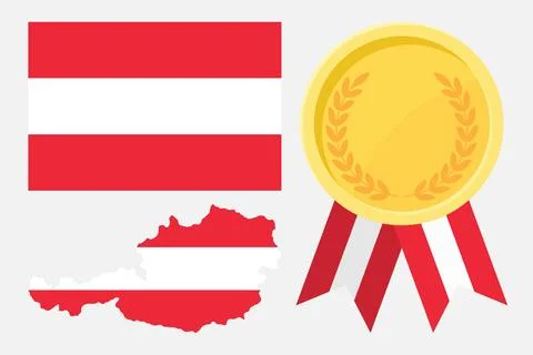 Austria flag with map and gold medal in set for web and banners or app and .. Stock Illustration