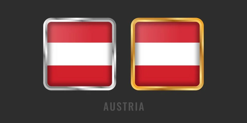 Austria Flag Square 3D Button Set in Gold and Silver Metallic Borders Stock Illustration
