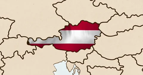 The austria flag waving inside the country on a world map Stock Footage 339033143
