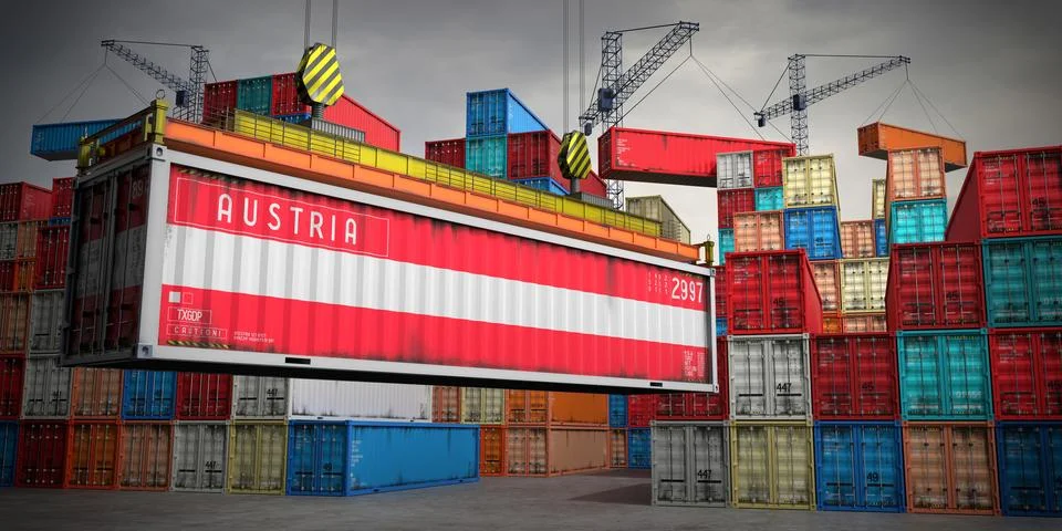 Austria - freight container in cargo terminal - 3D illustration Stock Illustration