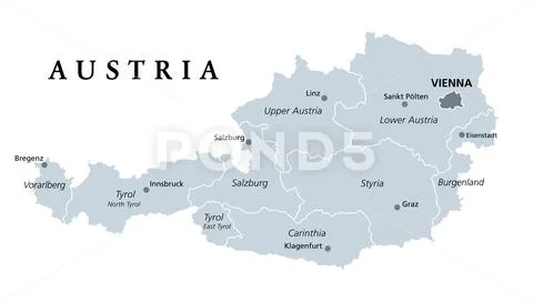 Austria, gray political map with capital Vienna and federated states ...