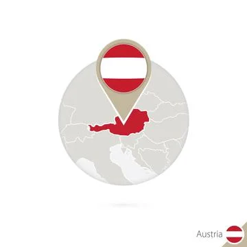 Austria map and flag in circle. Map of Austria, Austria flag pin. Map of Au.. Stock Illustration
