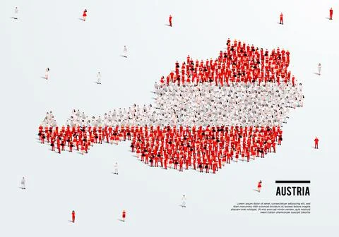 Austria Map and Flag. A large group of people in the Austrian flag color. Stock Illustration