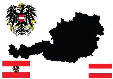 Austria map flag, coat of arms vector silhouette illustration Stock Illustration