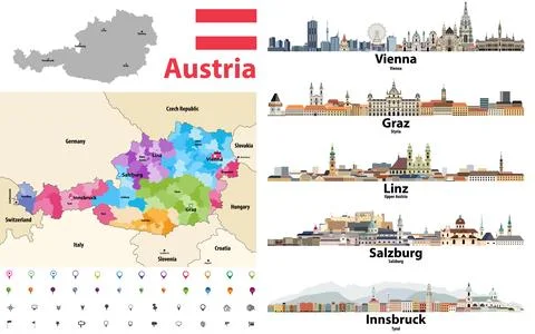 Austria map with main austrian cities skylines' flat style colorful icons Stock Illustration