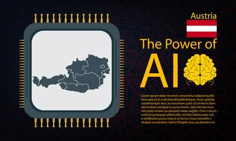Austria map with microchip war and AI concept on circuit board, Power of AI.. Ilustração Stock