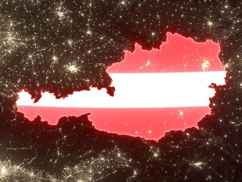 Austria with national flag on night map Stock Illustration