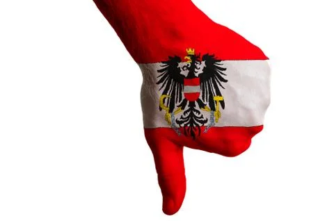 Austria national flag thumb down gesture for failure made with hand Stock Photos
