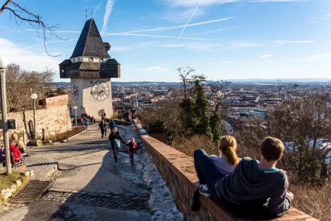 Austria, styria, graz, clock tower 스톡 사진