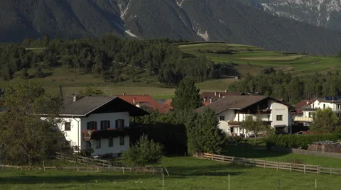Austria village mountain valley pan 4K 061 Stock Footage 44300040
