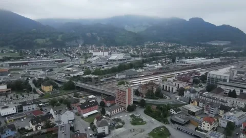 Austria Voralberg Bludenz. View from a drone on a cloudy day. Aerial Stock Footage 203743447