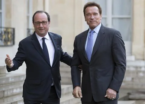 Austrian actor and former US Govenor of California Arnold Schwarzenegger in Pari Stock Photos