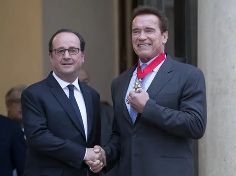Austrian actor and former US Govenor of California Arnold Schwarzenegger in Pari Stock Photos