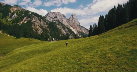Austrian alps guy hiking through grass field mountain panorama aerial overview Stock Footage 153488559