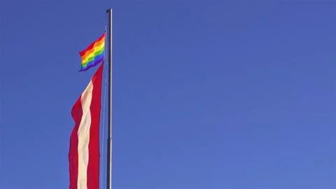 Austrian and Rainbow Pride Flag Waving Against Clear Blue Sky, Freedom Concept Stock Footage 310797346
