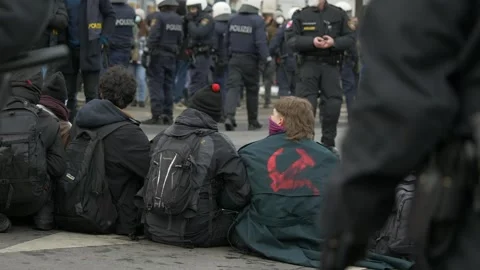 Austrian Antifa sitting protest in Vienna Stock Footage 146795705