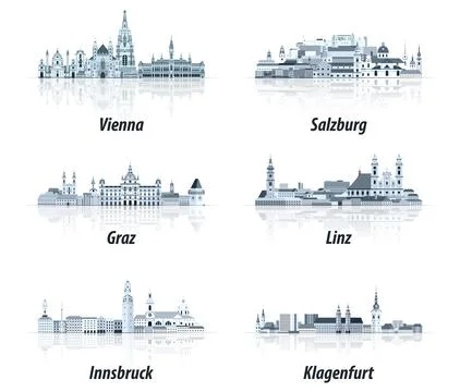 Austrian cities cityscapes vector illustrations in tints of blue color palett Stock Illustration