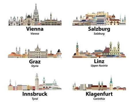 Austrian cities cityscapes vector illustrations in tints of blue color palett Illustrazione stock