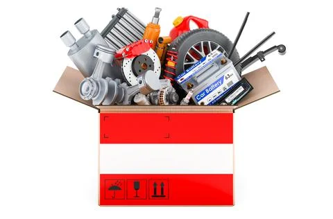 Austrian flag painted on the parcel with car parts. 3D rendering Stock Illustration