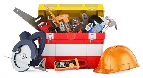 Austrian flag painted on the toolbox. Service, repair and construction in ... Stock Photos