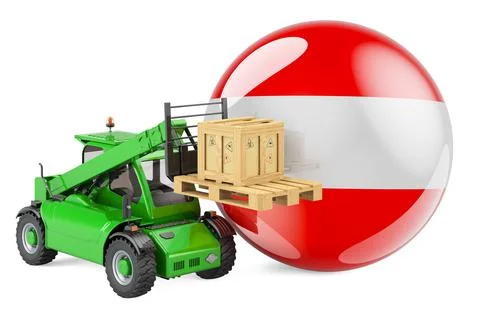 Austrian flag with telescopic handler truck and parcel. Cargo shipping in Aus Stock Illustration