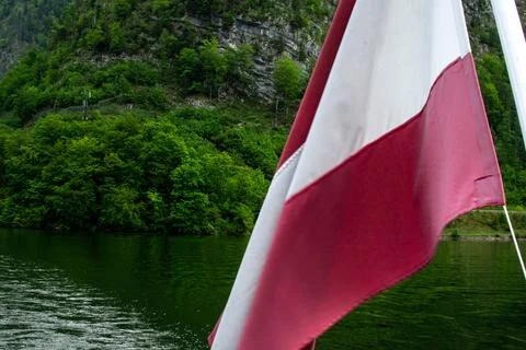 Austrian flag in Upper Austria region, Hallstatt, Austrian Alps, Austria 写真素材