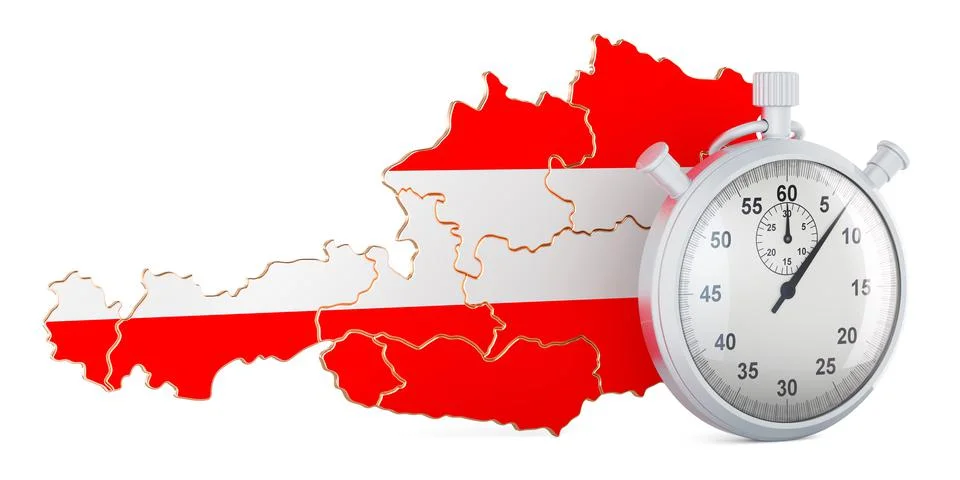 Austrian map with stopwatch, 3D rendering Stock Illustration