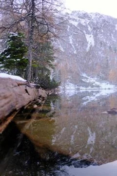Austrian mountain lake in winter.  Reflections in the water. Stock Photos