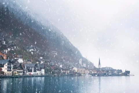 Austrian mountain town under snowfall Stock Photos