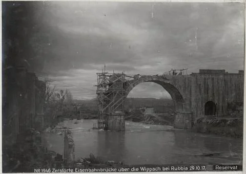 Austrian Museums, 17th-20th ct, Destroyed railway bridge over the Wippach at Stock Photos