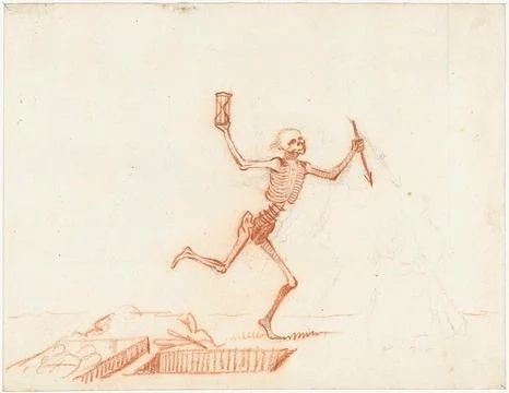 Austrian Museums, 17th-20th ct, Skeleton dancing next to an open grave. Skeleton Stock Photos