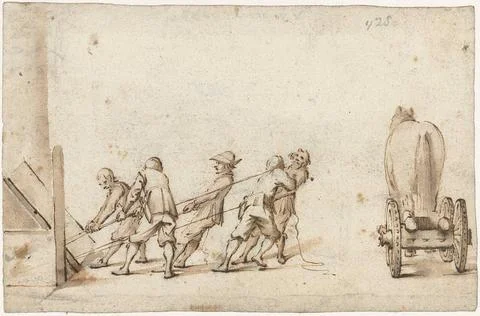 Austrian Museums, 17th-20th ct, Five men pulling a heavy object from a cellar. Stock Photos
