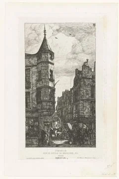 Austrian Museums, 17th-20th ct, Turret on angle of property to Rue de l'Ecole de Stock Photos