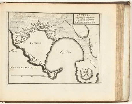 Austrian Museums, 17th-20th ct, Map of Antibes, 1726; Antibes, Ville et port de Fotos Stock