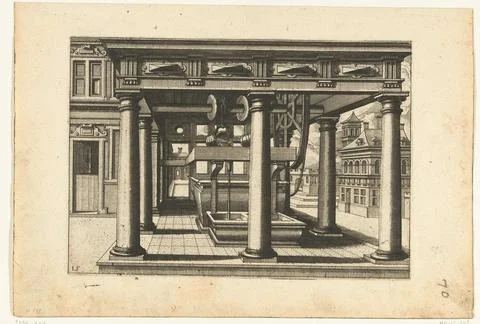 Austrian Museums, 17th-20th ct, Well under colonnade with tuscan columns; Water Foto stock
