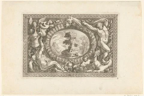 Austrian Museums, 17th-20th ct, Medallion with landscape in rectangular table; Stock Photos