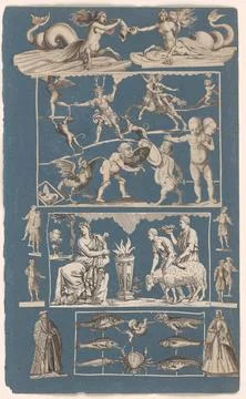 Austrian Museums, 17th-20th ct, Collage of expressed prints stuck on blue paper Stock Photos