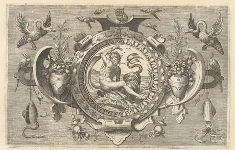 Austrian Museums, 17th-20th ct, Cartouche with a man on a sea monster; Molded Stock Photos