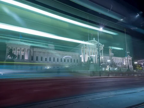 Austrian Parliament Building in Vienna, Timelapse Parlament Vienna at night Stock Footage 69465341
